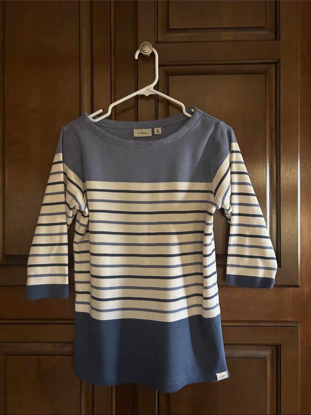 L.L. Bean Light Blue and White Striped Boatneck Top